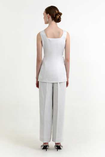 Shop_Raison D'Etre Atelier_Silver Satin, Linen Square Neck Peony Embroidered Top With Trouser _at_Aza_Fashions