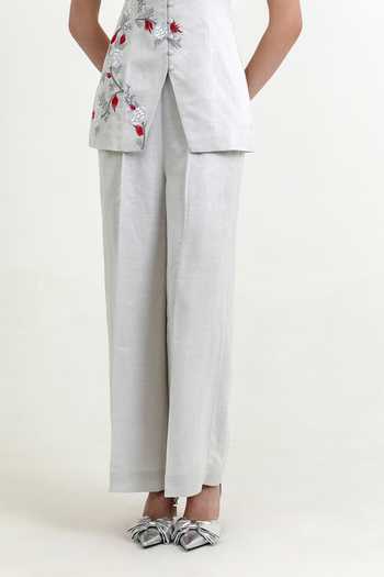 Buy_Raison D'Etre Atelier_Silver Satin, Linen Square Neck Peony Embroidered Top With Trouser _Online_at_Aza_Fashions