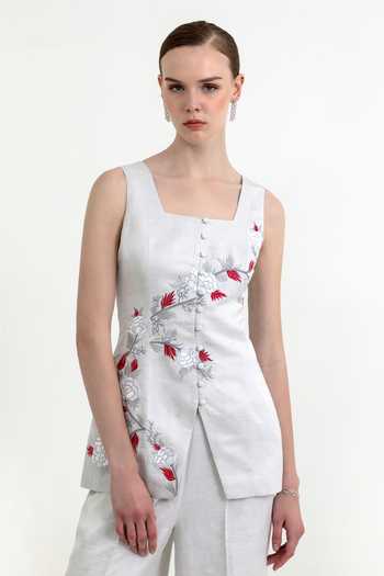 Shop_Raison D'Etre Atelier_Silver Satin, Linen Square Neck Peony Embroidered Top With Trouser _Online_at_Aza_Fashions