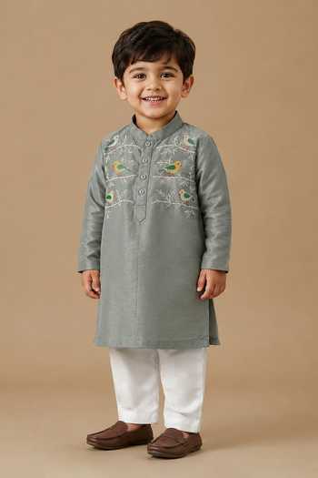 Buy_Label Kiaa_Grey Tissue Bird Embroidered Kurta And Pant Set _at_Aza_Fashions