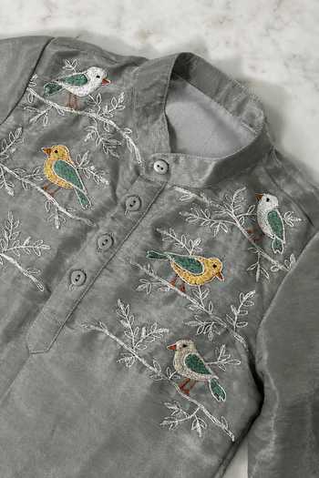 Label Kiaa_Grey Tissue Bird Embroidered Kurta And Pant Set _Online_at_Aza_Fashions