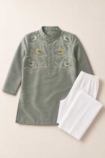 Buy_Label Kiaa_Grey Tissue Bird Embroidered Kurta And Pant Set _Online_at_Aza_Fashions