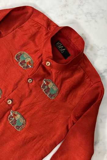 Shop_Label Kiaa_Orange Silk Elephant Embroidered Kurta Set _at_Aza_Fashions
