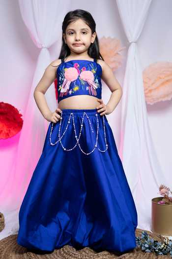 Buy_Label Kiaa_Blue Taffeta Embroidered Top And Lehenga Set _at_Aza_Fashions