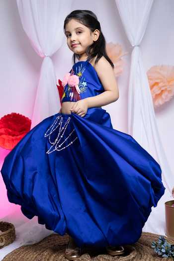 Shop_Label Kiaa_Blue Taffeta Embroidered Top And Lehenga Set _Online_at_Aza_Fashions