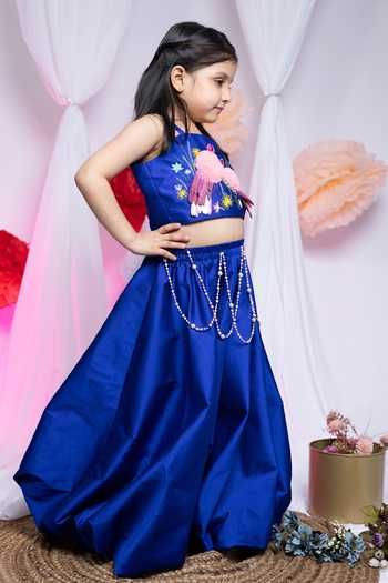 Shop_Label Kiaa_Blue Taffeta Embroidered Top And Lehenga Set _at_Aza_Fashions