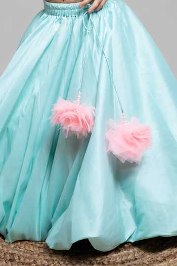 Label Kiaa_Green Taffeta Flamingo Embroidered Top And Lehenga Set _Online_at_Aza_Fashions