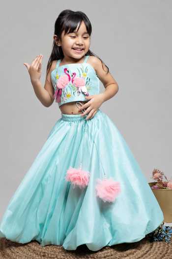 Shop_Label Kiaa_Green Taffeta Flamingo Embroidered Top And Lehenga Set _at_Aza_Fashions