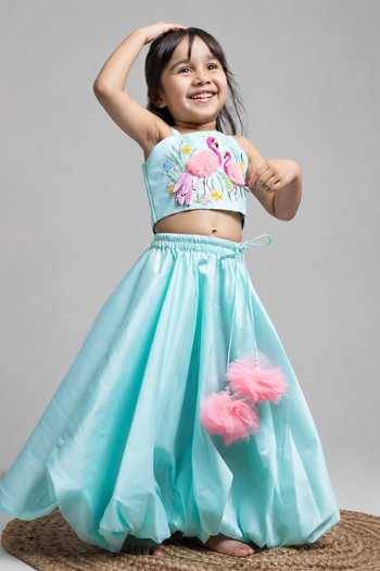 Buy_Label Kiaa_Green Taffeta Flamingo Embroidered Top And Lehenga Set _at_Aza_Fashions