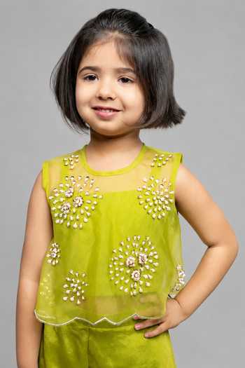 Label Kiaa_Green Organza, Chinon Embroidered Jacket Palazzo Set _Online_at_Aza_Fashions