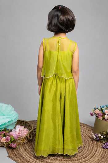 Shop_Label Kiaa_Green Organza, Chinon Embroidered Jacket Palazzo Set _at_Aza_Fashions