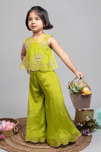 Buy_Label Kiaa_Green Organza, Chinon Embroidered Jacket Palazzo Set _at_Aza_Fashions