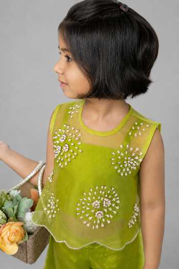 Buy_Label Kiaa_Green Organza, Chinon Embroidered Jacket Palazzo Set _Online_at_Aza_Fashions