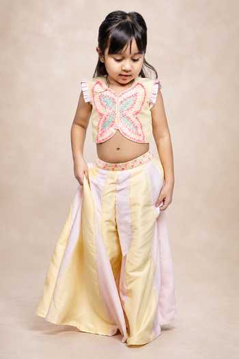 Buy_Label Kiaa_Yellow Silk, Cotton Fabric Flowers 3d Sequin Work Top And Palazzo Set _at_Aza_Fashions