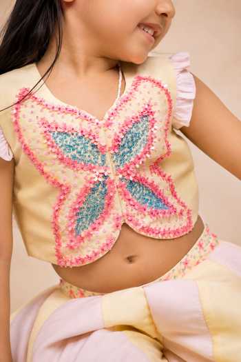 Label Kiaa_Yellow Silk, Cotton Fabric Flowers 3d Sequin Work Top And Palazzo Set _Online_at_Aza_Fashions