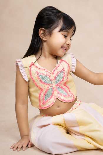Shop_Label Kiaa_Yellow Silk, Cotton Fabric Flowers 3d Sequin Work Top And Palazzo Set _at_Aza_Fashions