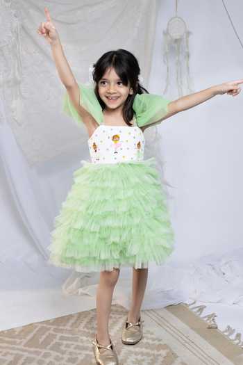 Label Kiaa_Green Net Embroidered Frill Dress _Online_at_Aza_Fashions