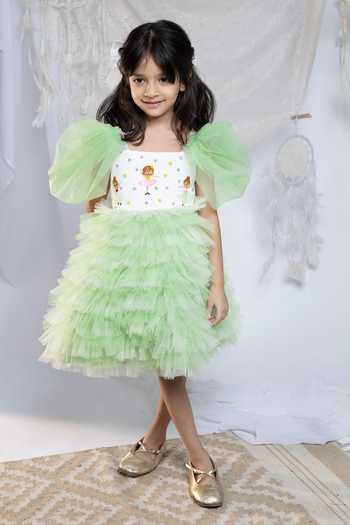Shop_Label Kiaa_Green Net Embroidered Frill Dress _at_Aza_Fashions