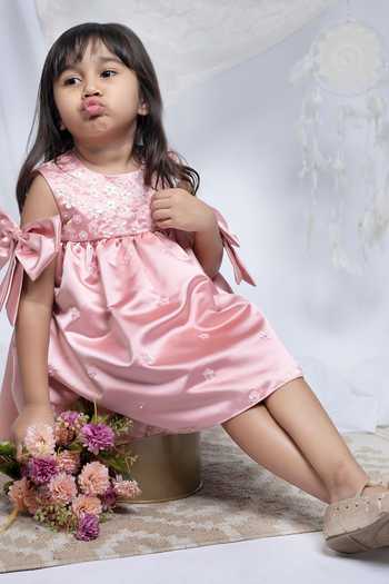 Shop_Label Kiaa_Peach Satin Bow Embellished Dress _at_Aza_Fashions