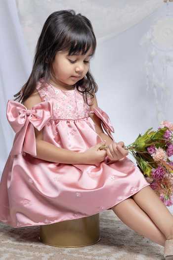 Label Kiaa_Peach Satin Bow Embellished Dress _Online_at_Aza_Fashions