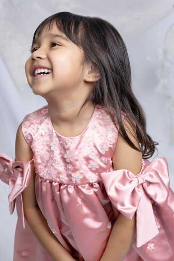 Buy_Label Kiaa_Peach Satin Bow Embellished Dress _Online_at_Aza_Fashions