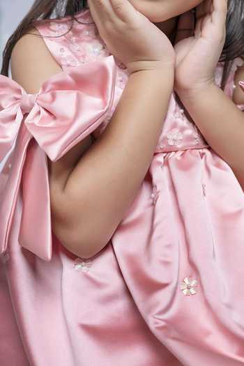 Shop_Label Kiaa_Peach Satin Bow Embellished Dress _Online_at_Aza_Fashions