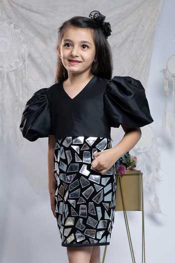Label Kiaa_Black Velvet, Taffeta Faux Mirror Work Dress _Online_at_Aza_Fashions