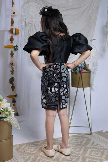 Shop_Label Kiaa_Black Velvet, Taffeta Faux Mirror Work Dress _at_Aza_Fashions