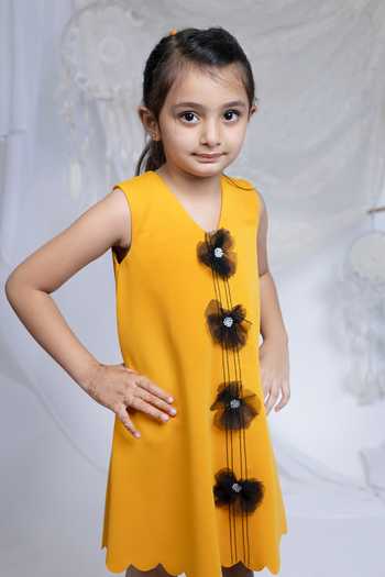 Label Kiaa_Yellow Scallop Bordered Dress _Online_at_Aza_Fashions