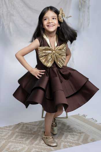 Label Kiaa_Brown Taffeta Bow Embellished Dress _Online_at_Aza_Fashions