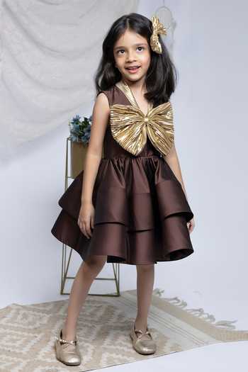 Shop_Label Kiaa_Brown Taffeta Bow Embellished Dress _at_Aza_Fashions
