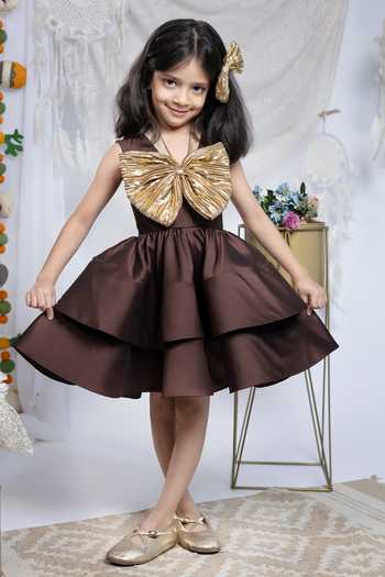 Buy_Label Kiaa_Brown Taffeta Bow Embellished Dress _at_Aza_Fashions