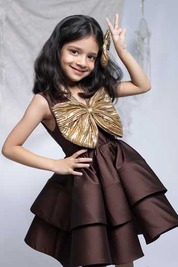 Buy_Label Kiaa_Brown Taffeta Bow Embellished Dress _Online_at_Aza_Fashions