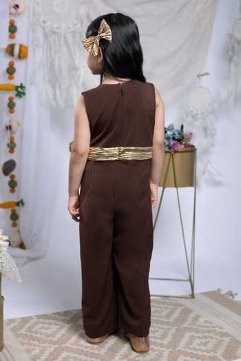 Shop_Label Kiaa_Brown Swirl Flower Embroidered Jumpsuit _at_Aza_Fashions