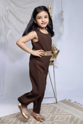 Label Kiaa_Brown Swirl Flower Embroidered Jumpsuit _Online_at_Aza_Fashions
