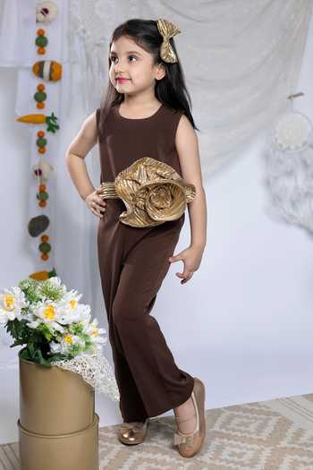 Buy_Label Kiaa_Brown Swirl Flower Embroidered Jumpsuit _at_Aza_Fashions