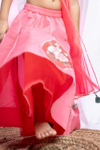 Label Kiaa_Coral Taffeta Rose Patchwork Embroidered Blouse With Lehenga _Online_at_Aza_Fashions