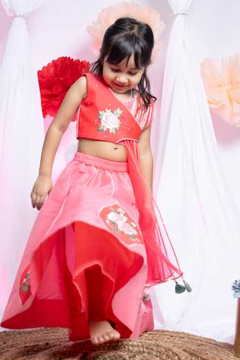 Buy_Label Kiaa_Coral Taffeta Rose Patchwork Embroidered Blouse With Lehenga _at_Aza_Fashions