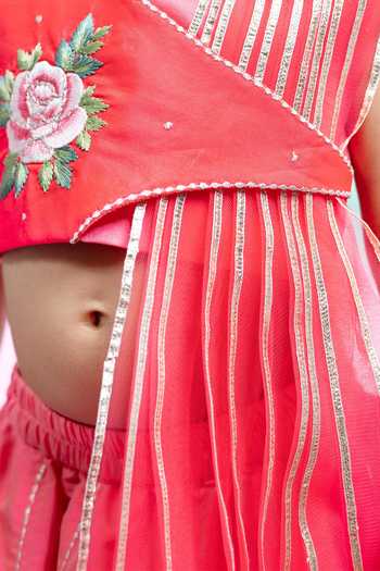 Buy_Label Kiaa_Coral Taffeta Rose Patchwork Embroidered Blouse With Lehenga _Online_at_Aza_Fashions