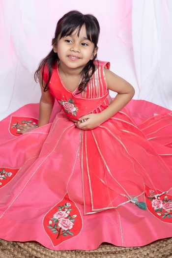 Shop_Label Kiaa_Coral Taffeta Rose Patchwork Embroidered Blouse With Lehenga _Online_at_Aza_Fashions