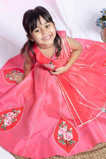Shop_Label Kiaa_Coral Taffeta Rose Patchwork Embroidered Blouse With Lehenga _at_Aza_Fashions