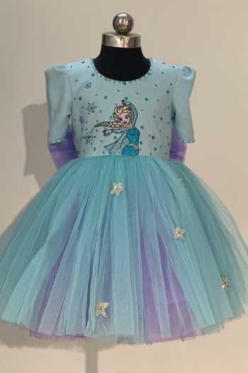 Buy_Label Kiaa_Blue Net, Suede Elsa Embroidered Dress _Online_at_Aza_Fashions