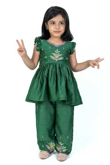 Shop_Label Kiaa_Green Linen Embroidered Peplum Kurta And Pant Set _at_Aza_Fashions