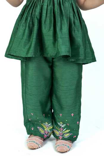 Label Kiaa_Green Linen Embroidered Peplum Kurta And Pant Set _Online_at_Aza_Fashions