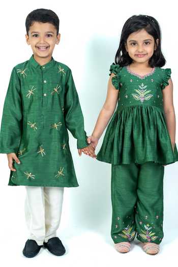 Shop_Label Kiaa_Green Linen Embroidered Peplum Kurta And Pant Set _Online_at_Aza_Fashions