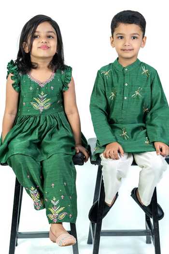 Label Kiaa_Green Linen Embroidered Peplum Kurta And Pant Set _at_Aza_Fashions