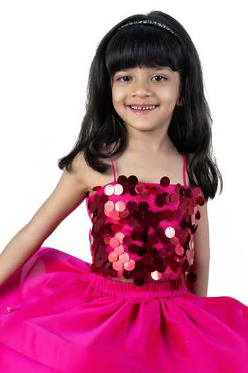 Label Kiaa_Pink Taffeta Sequin Work Top And Skirt Set _Online_at_Aza_Fashions