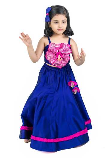 Label Kiaa_Blue Taffeta 3d Flower Embroidered Top And Lehenga Set _Online_at_Aza_Fashions