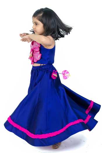 Shop_Label Kiaa_Blue Taffeta 3d Flower Embroidered Top And Lehenga Set _at_Aza_Fashions