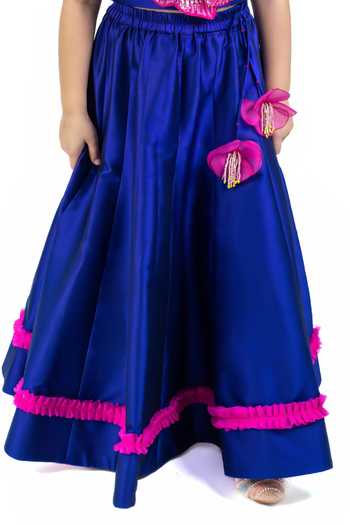 Buy_Label Kiaa_Blue Taffeta 3d Flower Embroidered Top And Lehenga Set _Online_at_Aza_Fashions